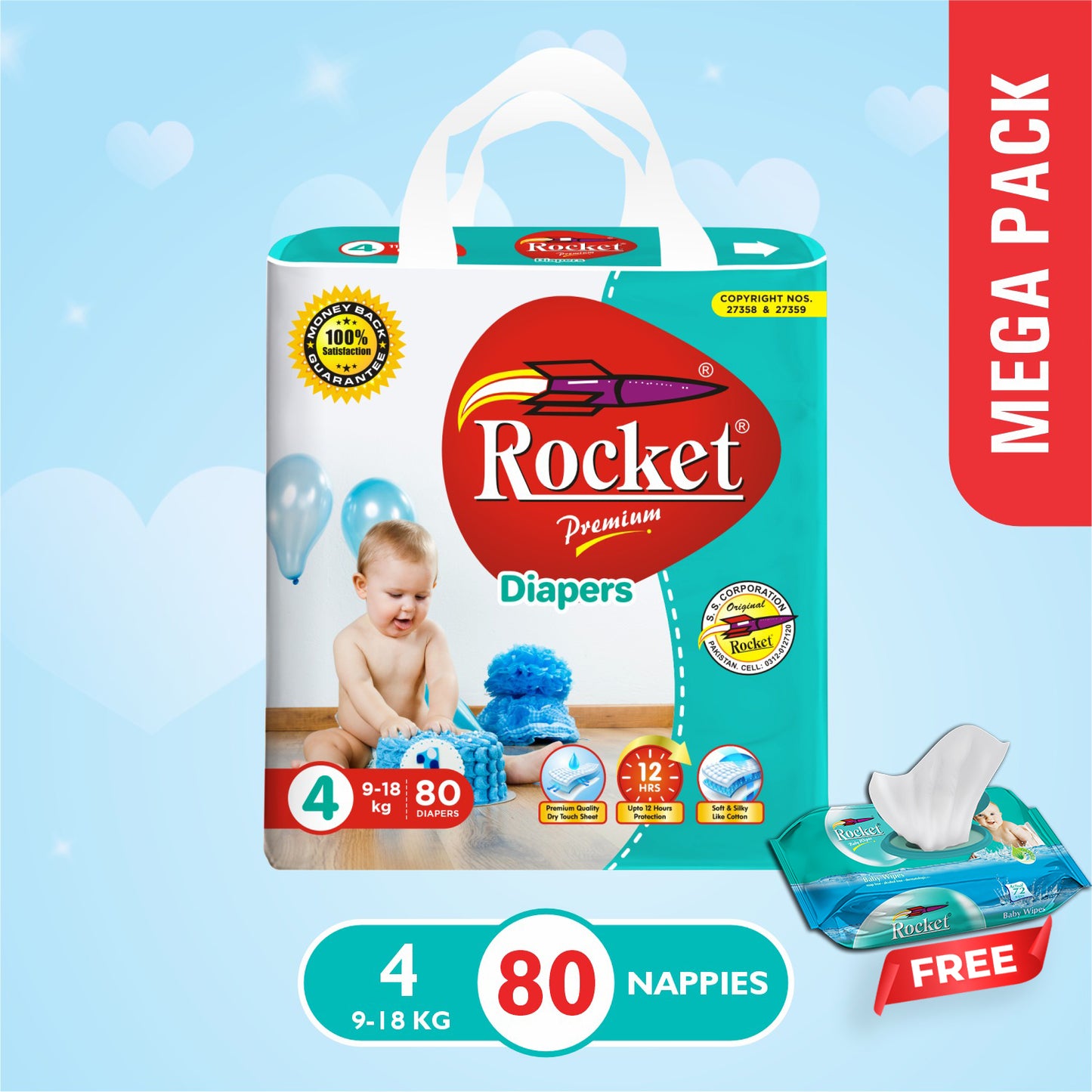 Mega Pack Diaper Size 4 Large (9-18Kg) 80Pcs with Free Wipes