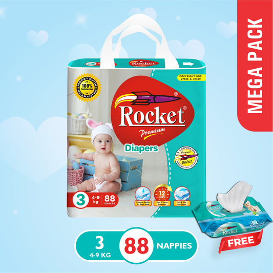 Mega Pack Diaper Size 3 Medium (4-9Kg) 88Pcs with Free Wipes