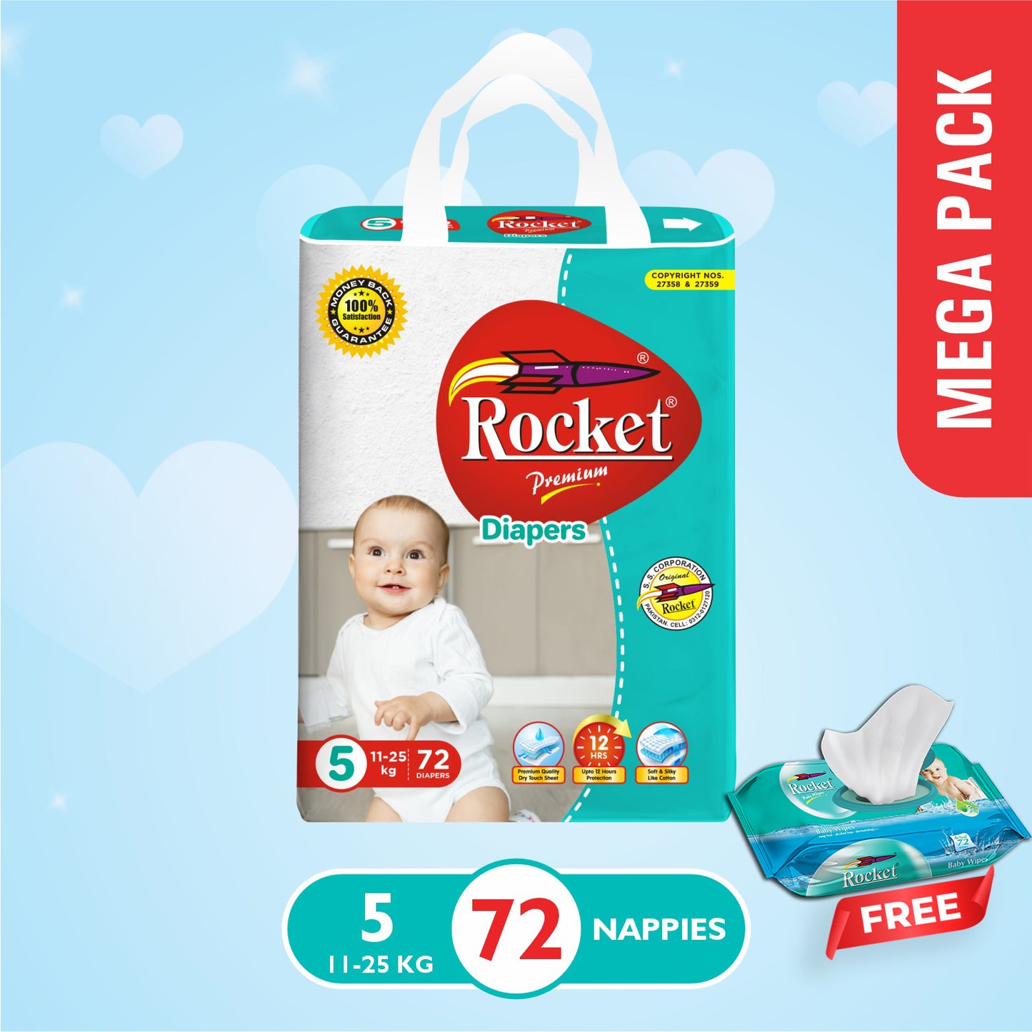 Mega Pack Diaper Size 5 XL (11-25Kg) 72Pcs with Free Wipes